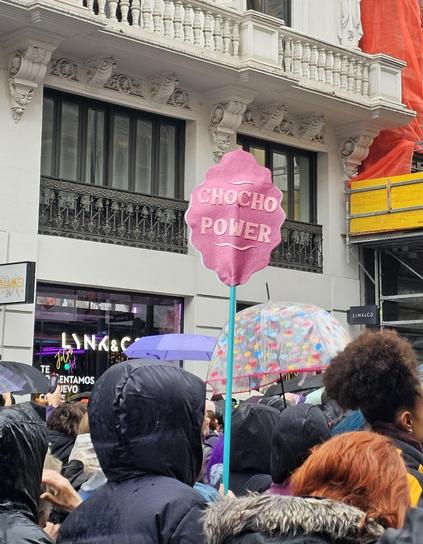 Cartel rosa con forma de vulva y la frase "chocho power" en la manifestación del 8m de Madrid