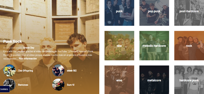 Captura de pantalla de mi perfil de Last.fm con tags recomendados: En grande (porque es 1 de los 2 géneros que más se destacan en mi perfil) a la izquierda la etiqueta punk rock sobre una imagen amarillenta de Green Day, por considerarlo la plataforma un artista destacado en el género junto a otros como The Offspring, blink-182, Ramones o Sum 41. A la derecha otros géneros más en pequeño: punk, pop punk, post-hardcore, ska, melodic hardcore, rock, emo, metalcore, hardcore punk.