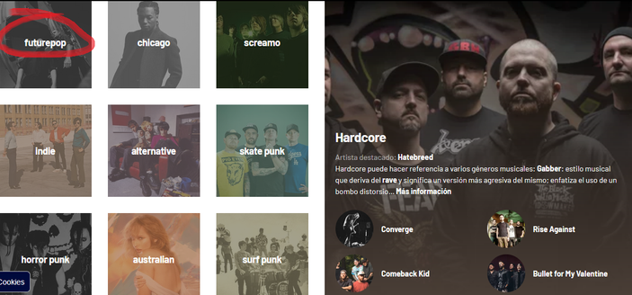 Captura de mi perfil de Last.fm con tags recomendados. A la derecha en grande (por ser 1 de los 2 más escuchados) aparece la etiqueta hardcore sobre una foto grande de Hatebreed por considerarlo la plataforma un artista destacado del género junto a otros como Converge, Comeback Kid, Rise Against y Bullet for my Valentine. A la izquierda en más pequeño aparecen otros tags como chicago, australian, screamo, indie, alternative, skate punk, horror punk, surf punk. Junto a ellos en la esquina superior izquierda he rodeado con rojo la etiqueta futurepop porque no tengo ni idea de qué pinta.