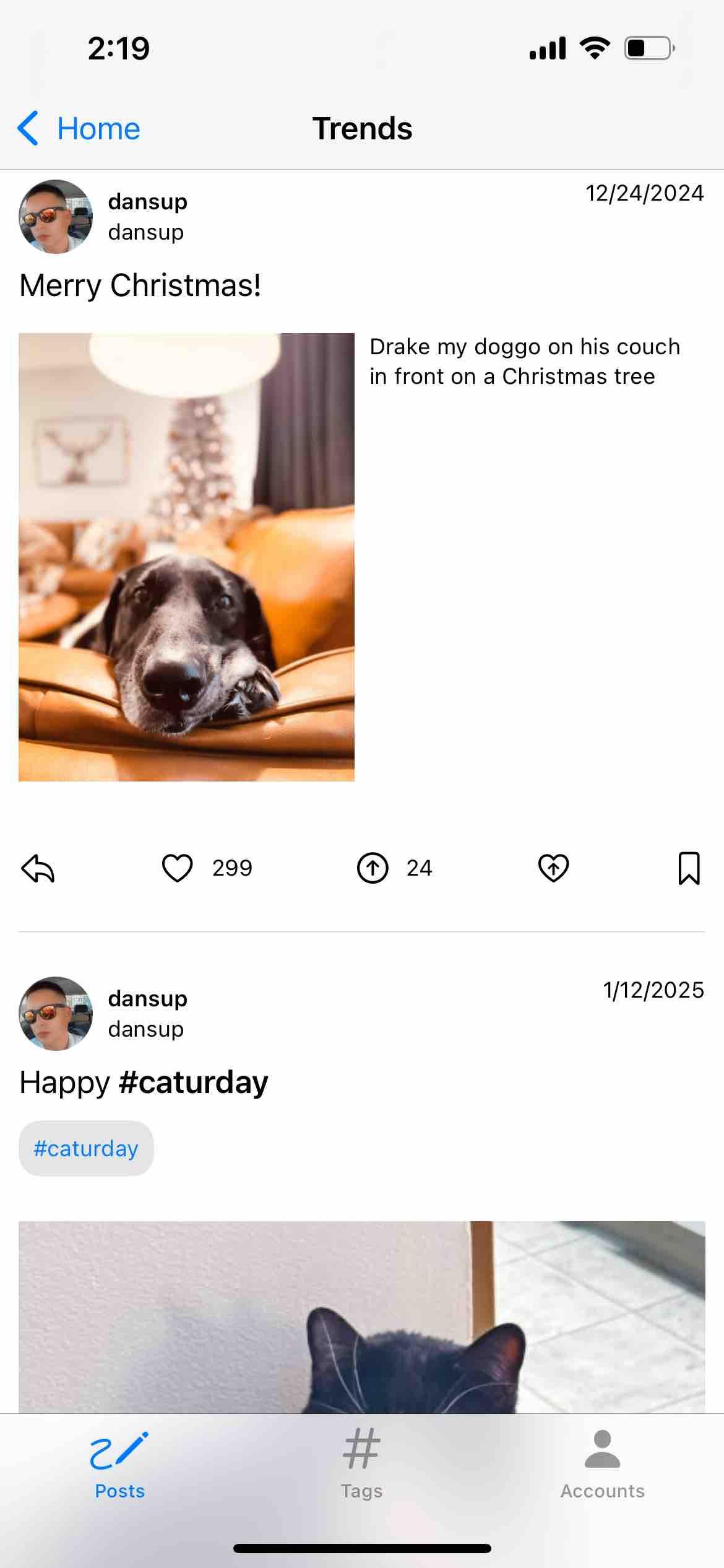 screenshot of a tabbed trends view with the posts tab selected  Detected text:  2:19< HomedansupdansupMerry Christmas!• 299dansupdansupHappy #caturday#caturdayPostsTrends12/24/2024Drake my doggo on his couchin front on a Christmas tree241/12/2025#TagsAccounts