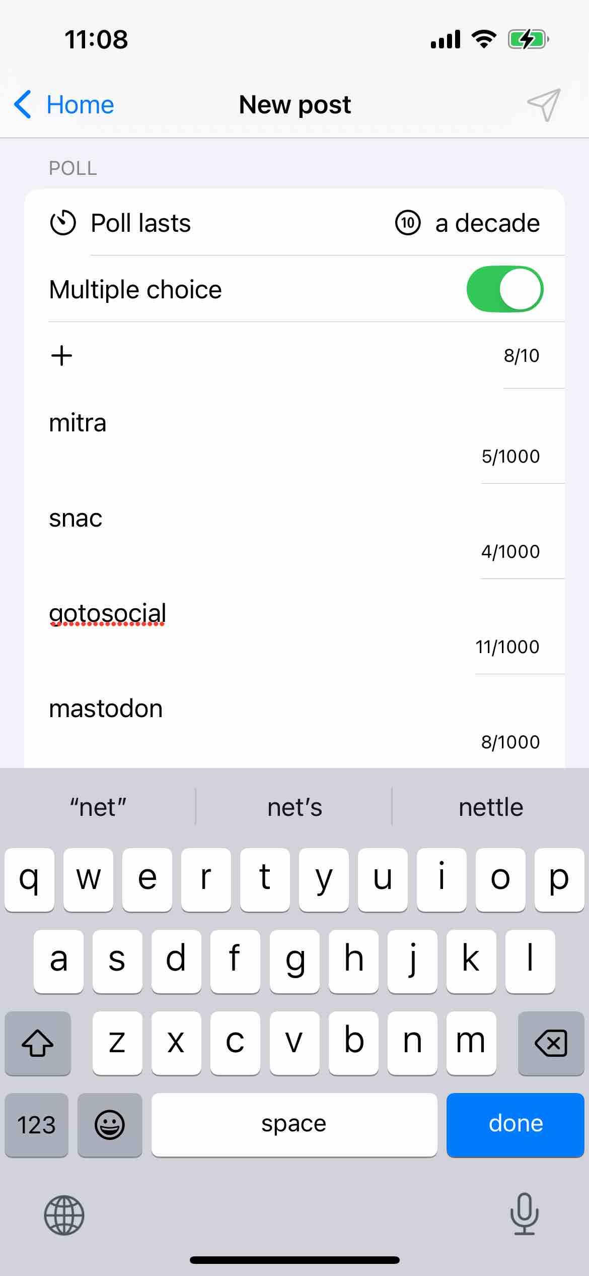 screenshot of a post composer with poll options specifying multiple choice, a decade as its lifetime, and various fediverse platforms as the voting choices
