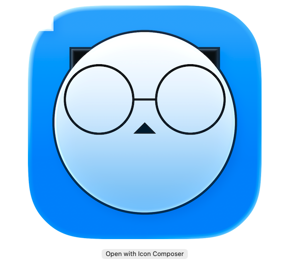 icon consisting of a simplistic cat face made of circles and triangles in black and white over a gradient blue background, above text saying Open in Icon Composer