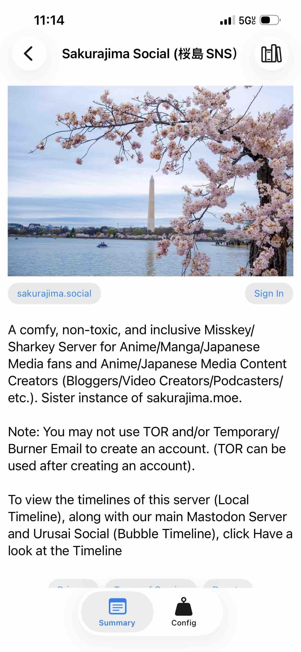 Begin detected text:

11:145G°Sakurajima Social (1*÷ SNS)sakurajima.socialSign InA comfy, non-toxic, and inclusive Misskey/Sharkey Server for Anime/Manga/JapaneseMedia fans and Anime/Japanese Media ContentCreators (Bloggers/Video Creators/Podcasters/etc.). Sister instance of sakurajima.moe.Note: You may not use TOR and/or Temporary/Burner Email to create an account. (TOR can beused after creating an account).To view the timelines of this server (LocalTimeline), along with our main Mastodon Serverand Urusai Social (Bubble Timeline), click Have alook at the TimelineSummaryConfig

End of detected text