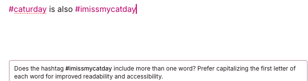 post composer showing a tip to capitalize a multiword hashtag for accessibility and readability