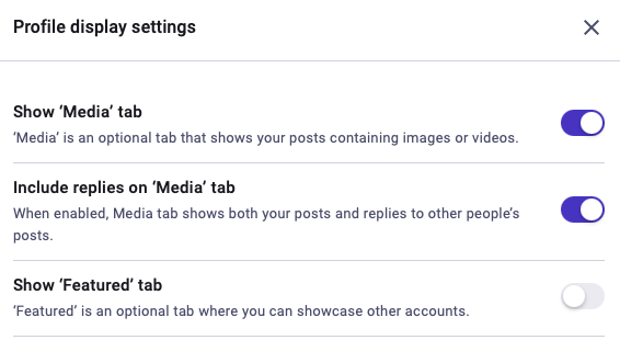 screenshot of mastodon 4.6 profile preferences including toggles for showing the media and featured tabs
