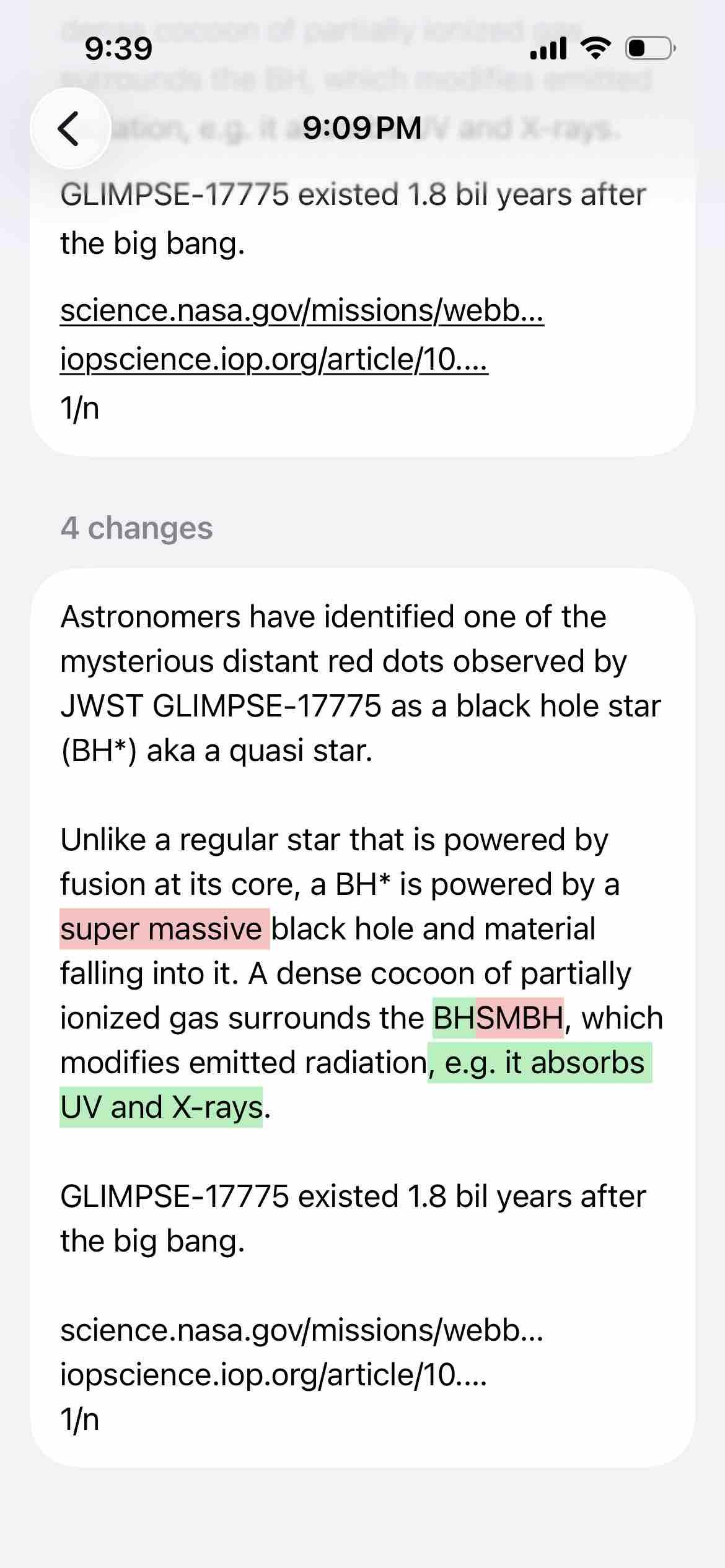 screenshot showing edits made to a post, deletions highlighted in pink and additions in green