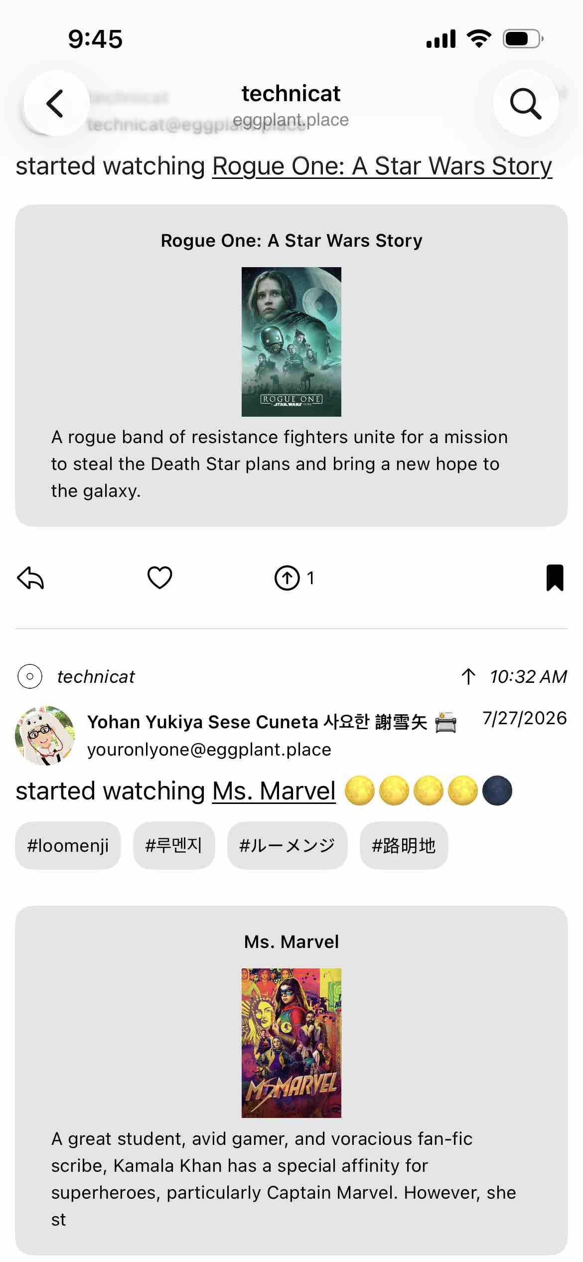 screenshot of a profile feed with posts from eggplant.place showing movie watch status and link preview cards with the movie posters as graphics for ms marvel and rogye one