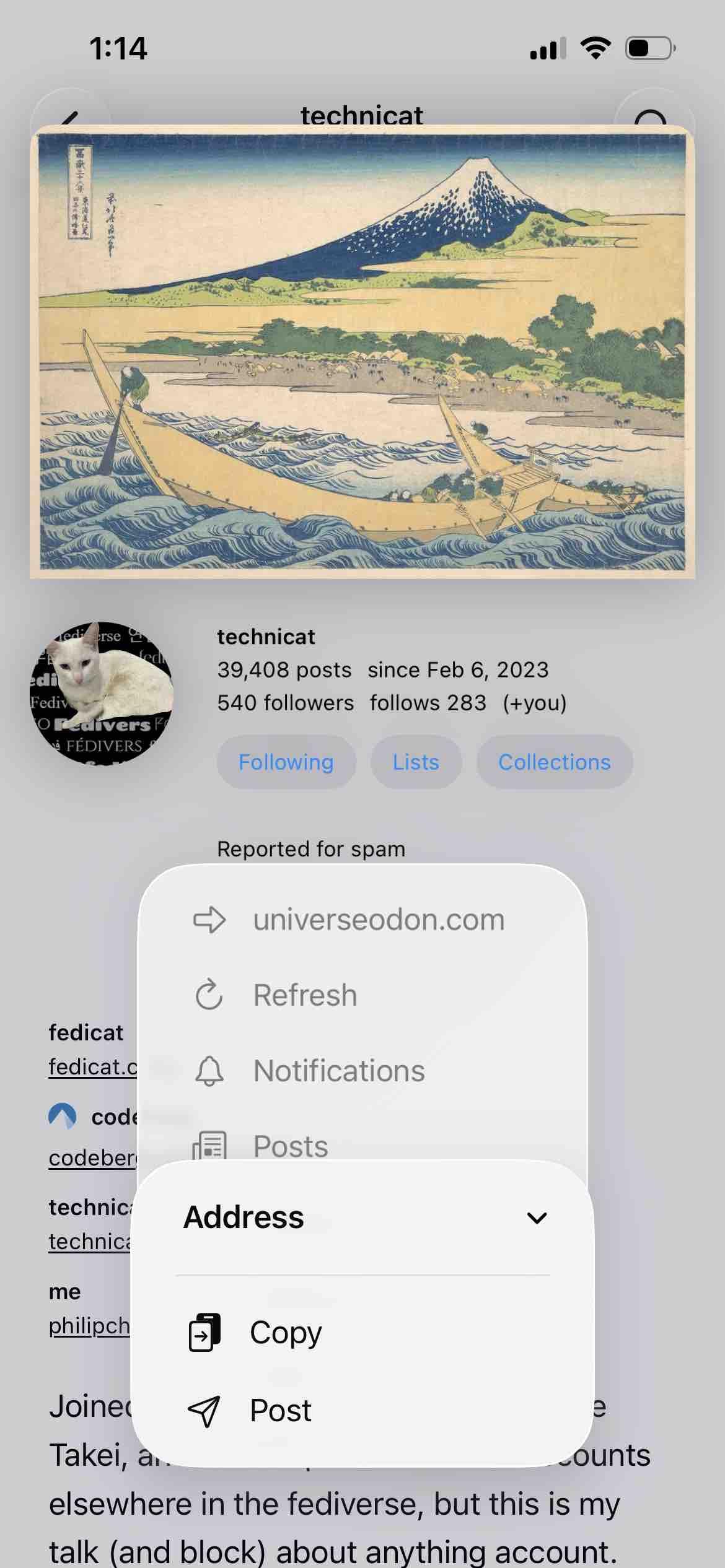 screenshot of profile with long press menu open and address submenu with a post button