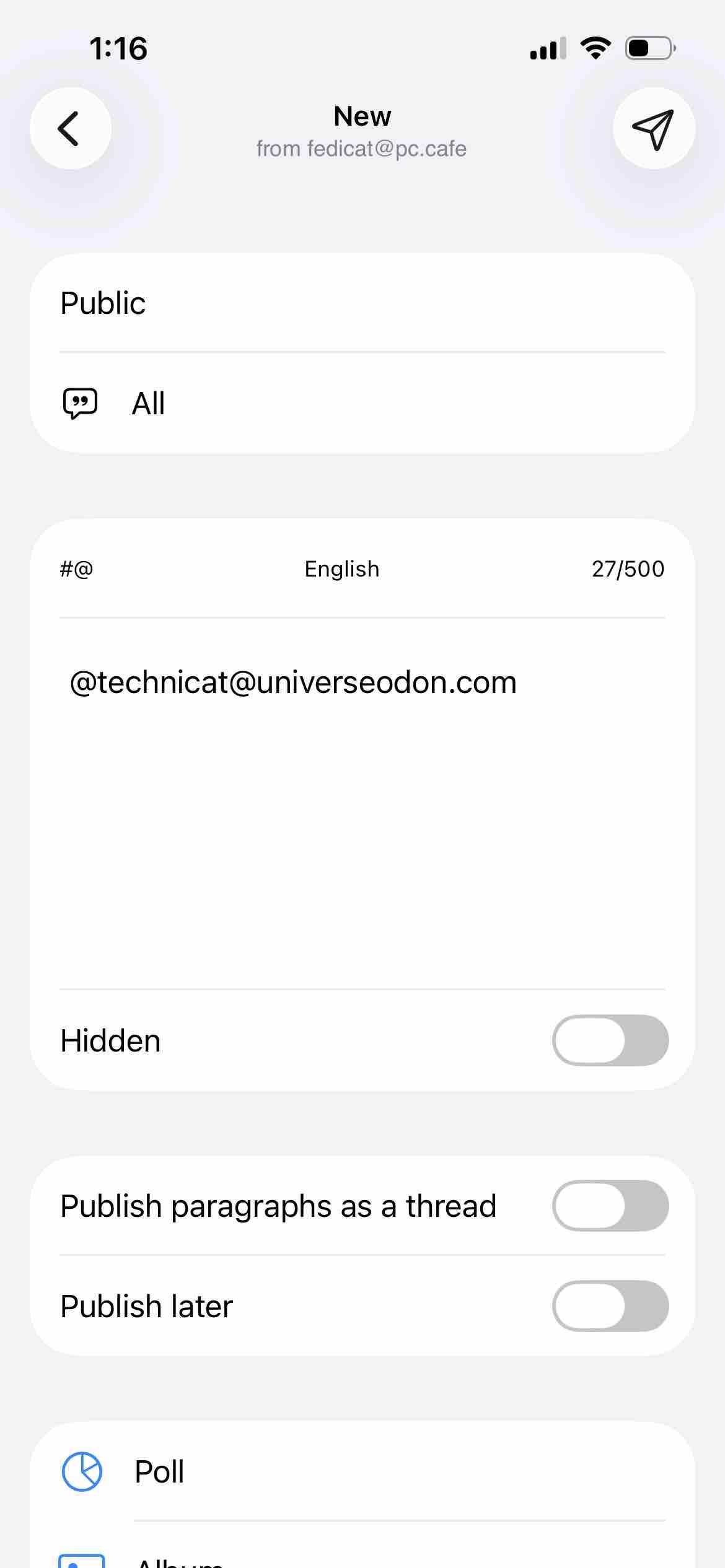 post composer with address if the account filled in as a mention
