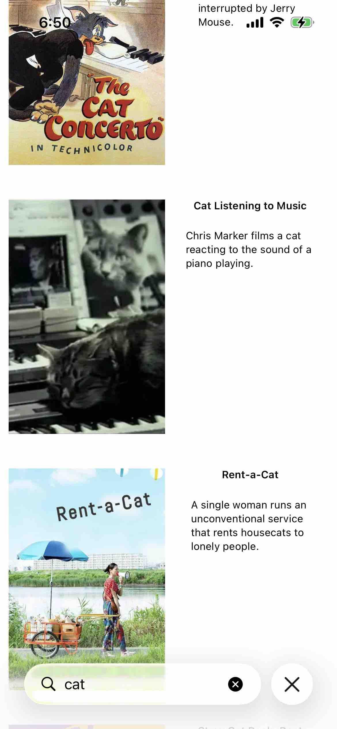 Detected text:

The CAT CONCERTO®IN TECHNICOLOR

Cat Listening to Music
Chris Marker films a catreacting to the sound of apiano playing.

Rent-a-Cat
A single woman runs anunconventional servicethat rents housecats tolonely people.