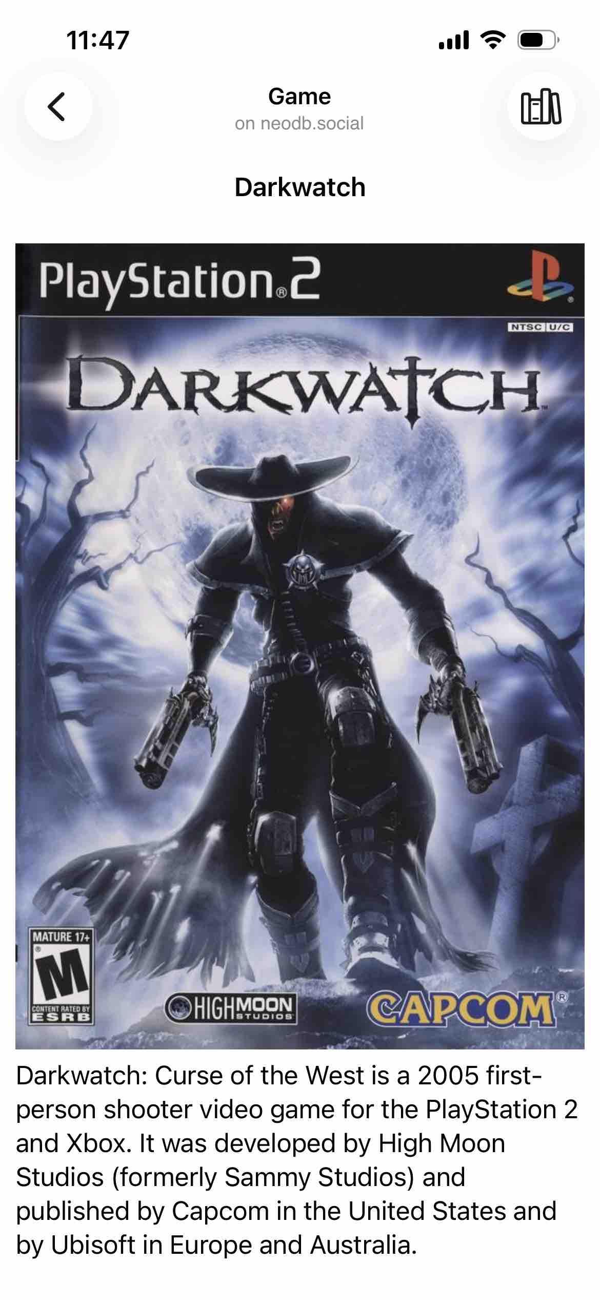 game entry on neodb.social for darkwatch, cover art depicts a figure all in black eith a cowboy hat and mask and guns in each hand