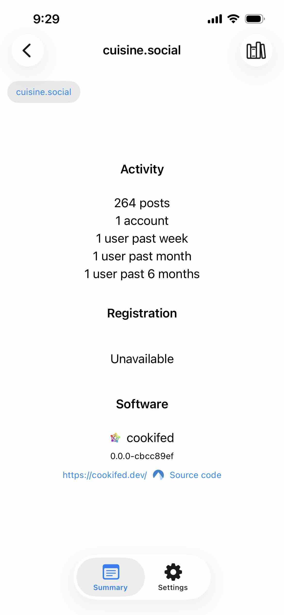 screenshot of an instance description for cuisine.social listing one user and software as cookifed