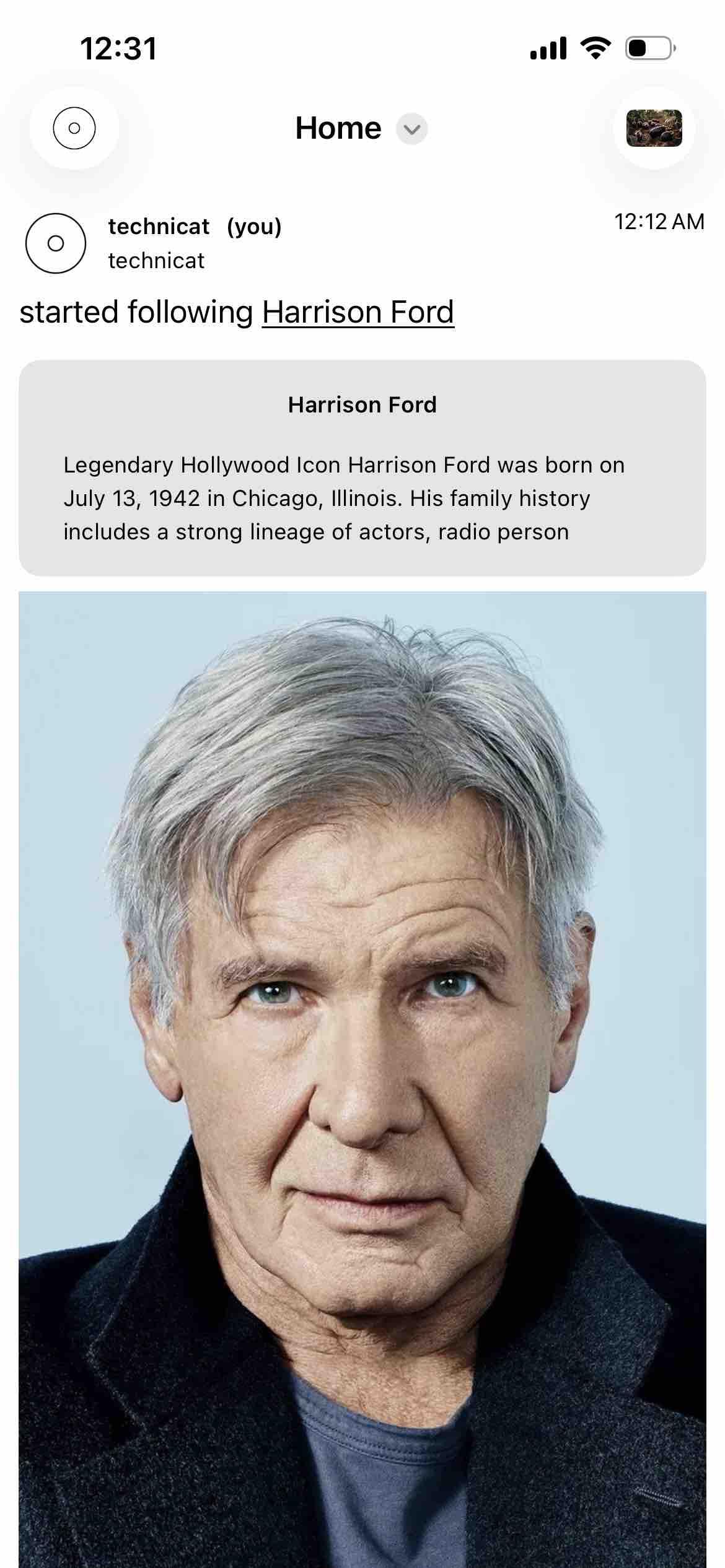 screenshot of a home feed with a post saying I am following Harrison ford with his photo attached
