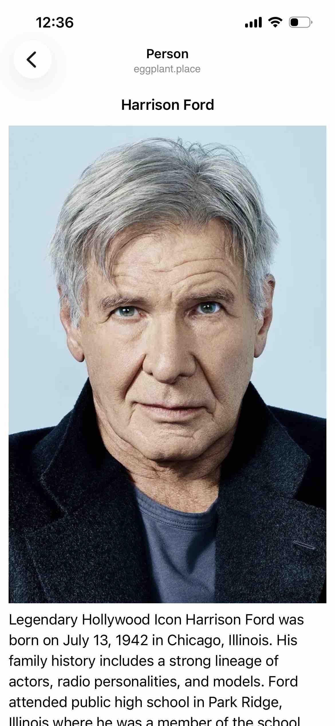 a screen titled Person with the name and photo and bio of Harrison Ford
