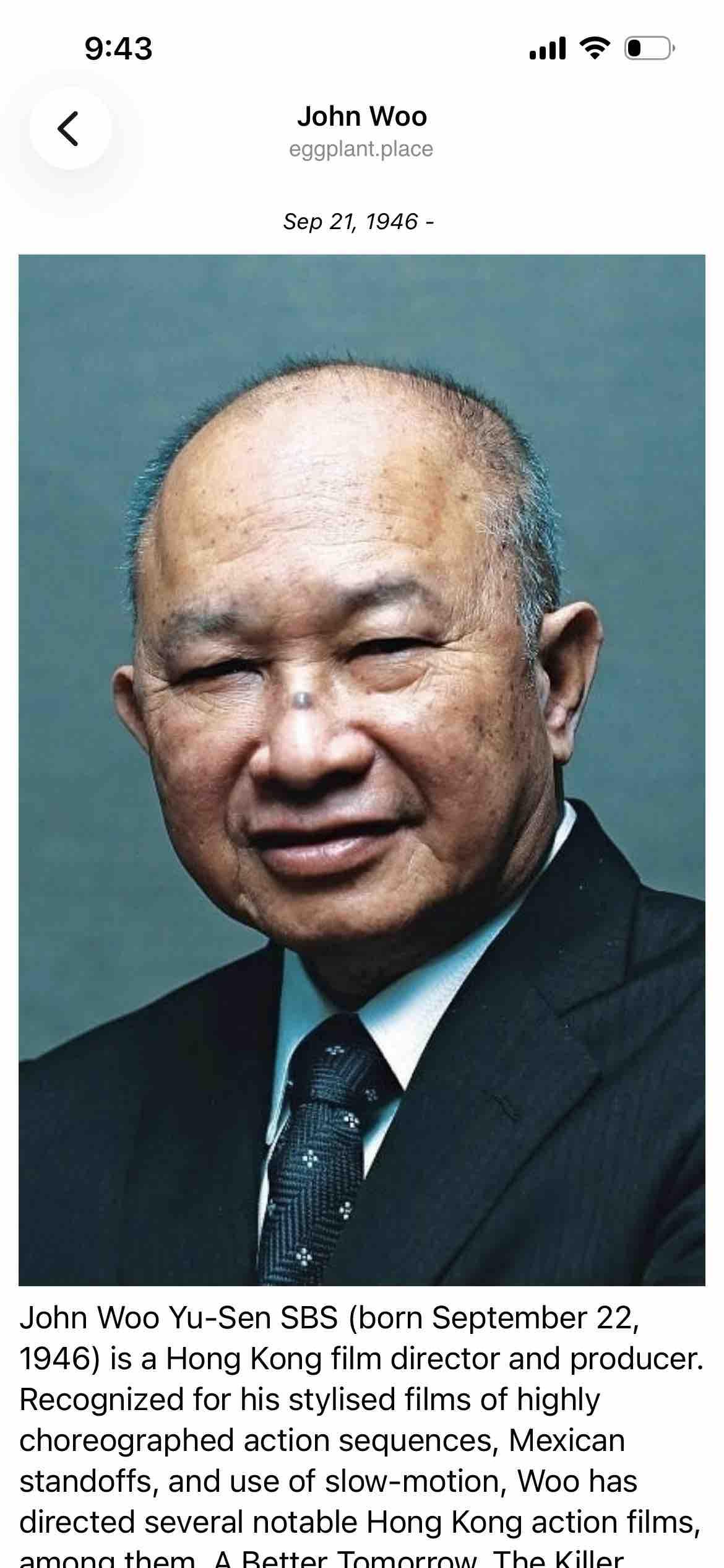 profile of john woo with birth date and photo and bio