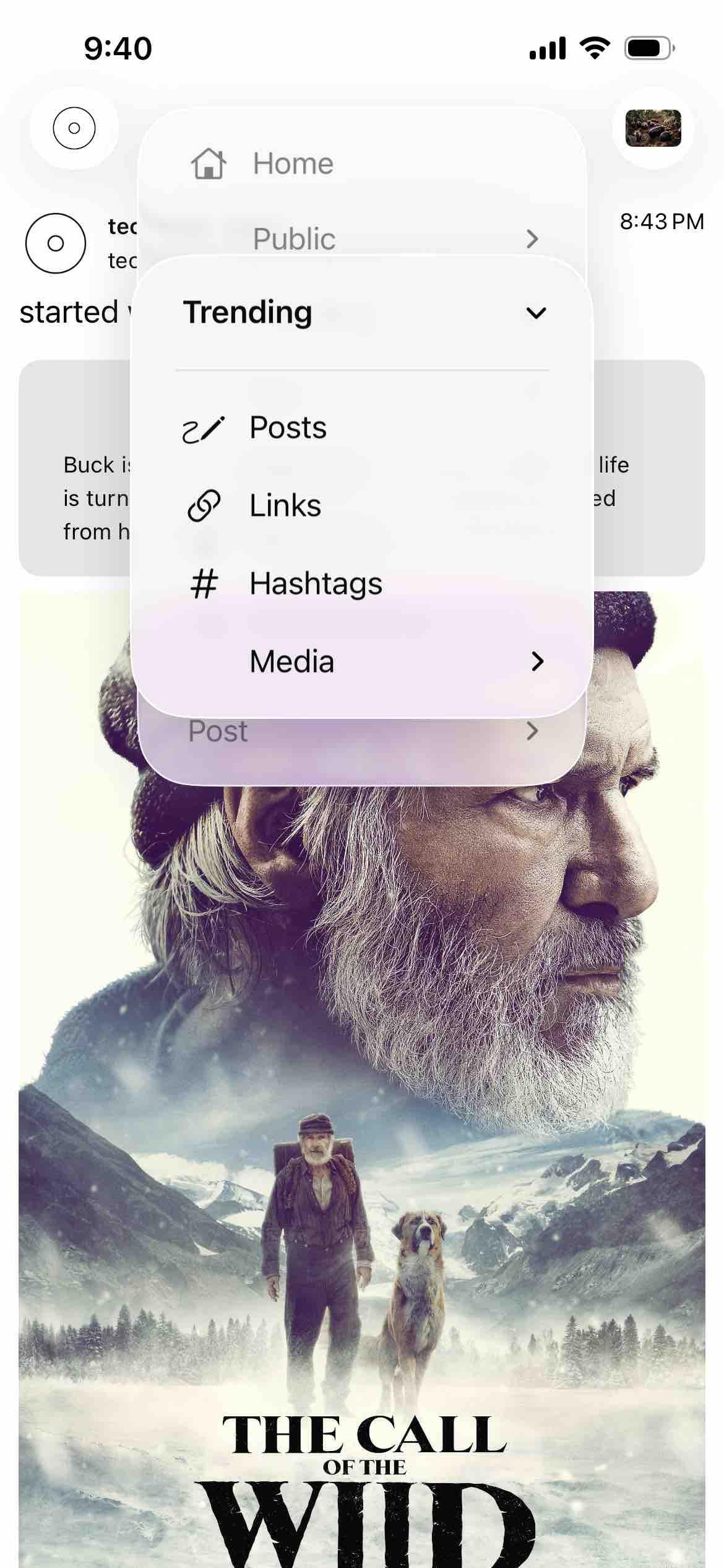 home feed with trending menu open