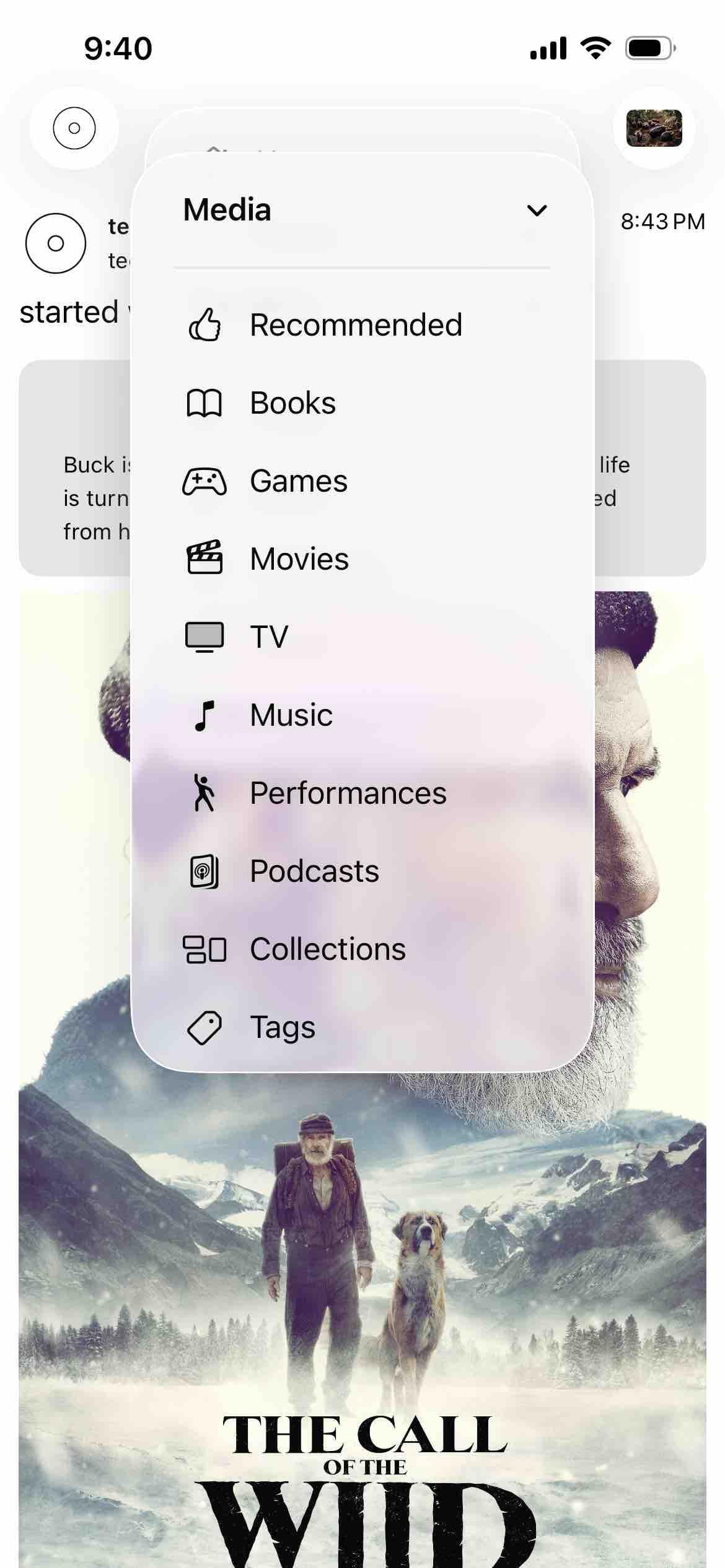 trending media submenu open listing recommended and various types of media