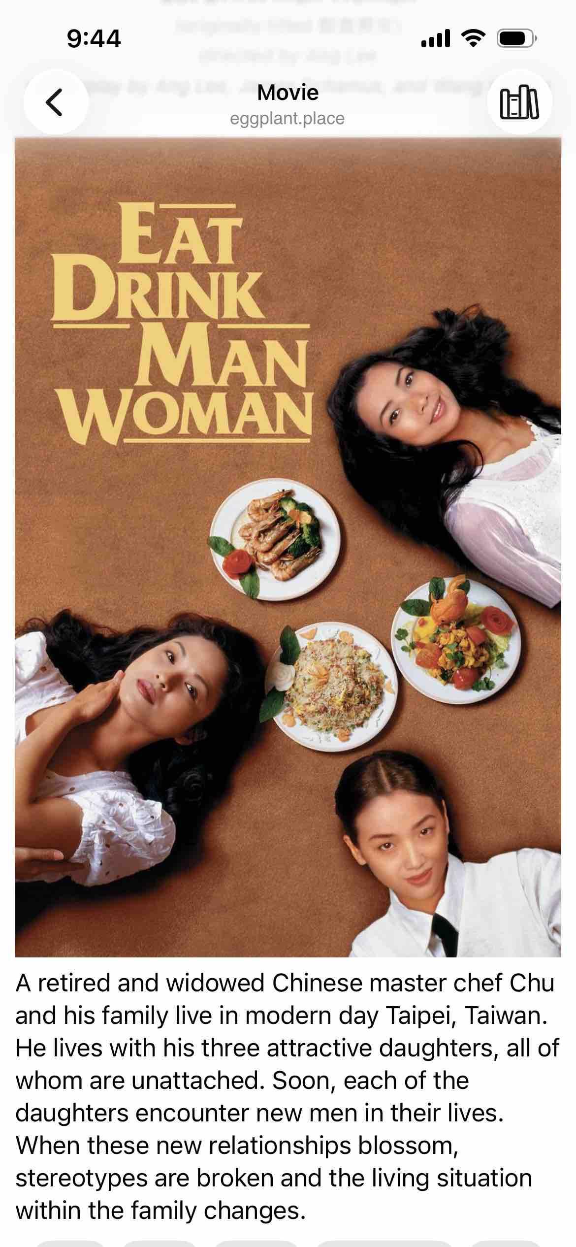screen with details for est drink man woman

Detected text:

 retired and widowed Chinese master chef Chuand his family live in modern day Taipei, Taiwan.He lives with his three attractive daughters, all ofwhom are unattached. Soon, each of thedaughters encounter new men in their lives.When these new relationships blossom,stereotypes are broken and the living situationwithin the family changes.