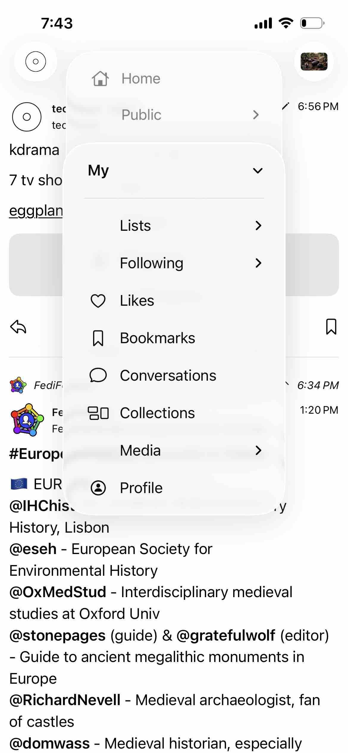 screenshot of home feed with a my menu including collections