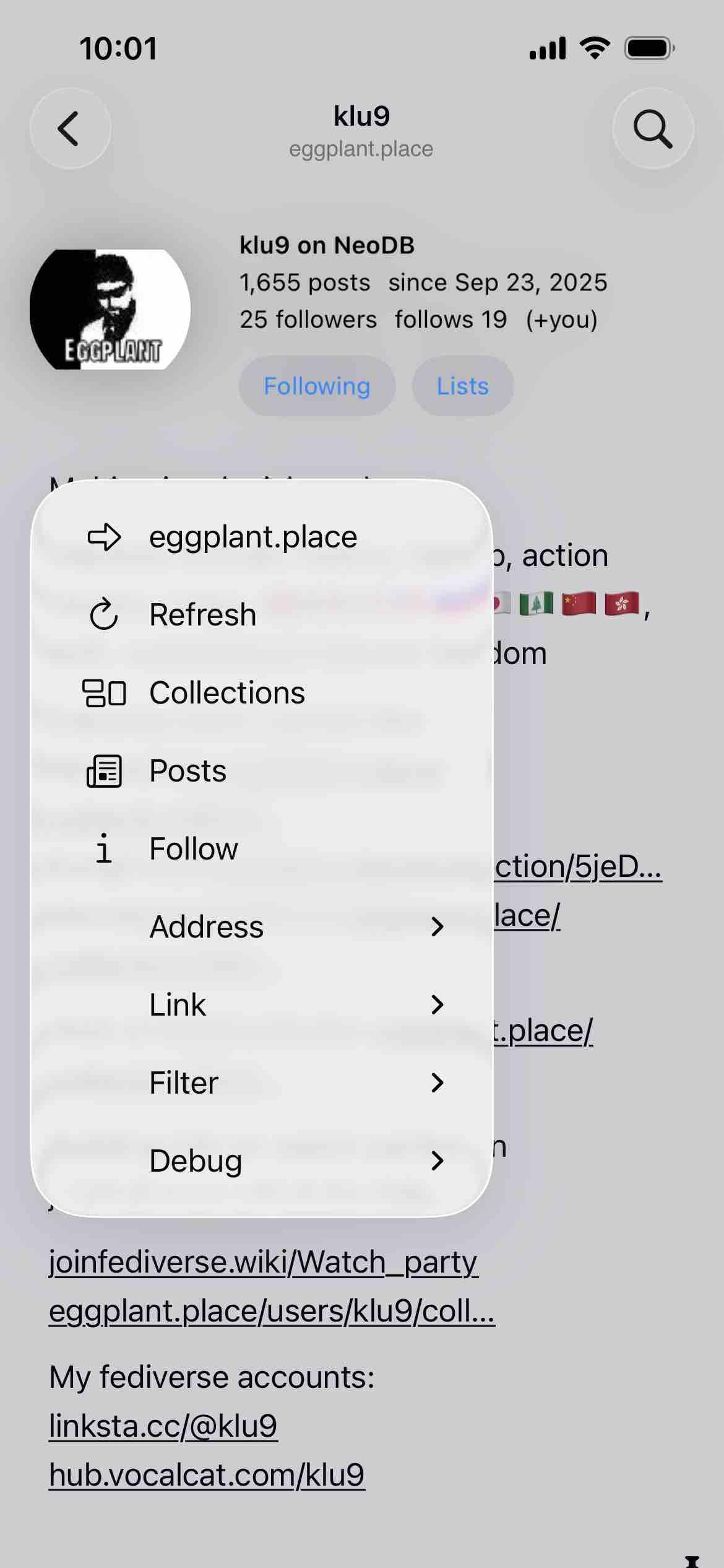 account profile screen eith long press menu visible including a collections option