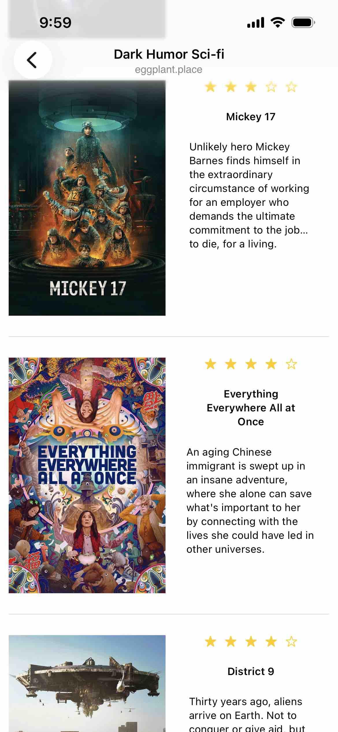 one of the collections from the above listing titlef dark humor scifi with three movies visible 

Detected text:

Mickey 17Unlikely hero MickeyBarnes finds himself inthe extraordinarycircumstance of workingfor an employer whodemands the ultimatecommitment to the job...to die, for a living.

EverythingEverywhere All atOnceAn aging Chineseimmigrant is swept up inan insane adventure,where she alone can savewhat's important to herby connecting with the lives she could have led in other universes.

District 9Thirty years ago, aliens arrived on Earth. Not tocondler or dive aid bit