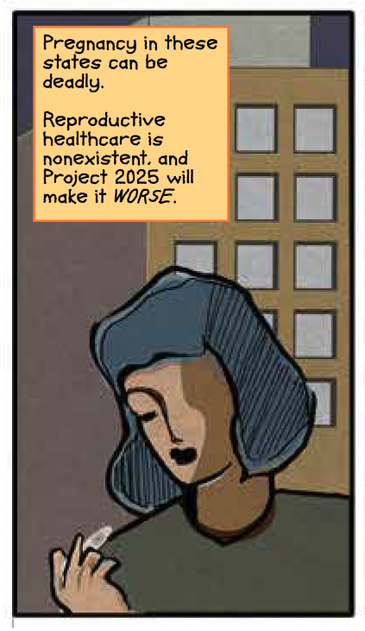 Panel 4

A woman in partial silhouette, standing in front of a high-rise building, looks down at a home pregnancy test.

CAPTION: Pregnancy in these states can be deadly. Reproductive healthcare is nonexistent, and Project 2025 will make it WORSE.