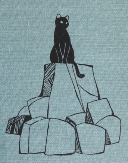 Striking illustration of a black cat sitting up on top of a pile of large rocks and boulders, calmly surveying its surroundings. It is a black line illustration printed on a medium-light blue canvas book cover.