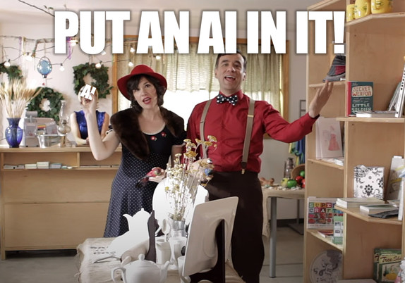 Fred Armisen and Carrie Brownstein from the sketch in a wide shot with their arms spread wide and the text PUT AN AI IN IT above them.