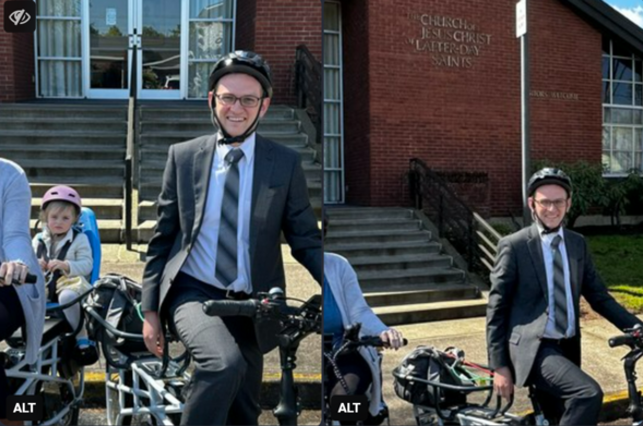Two photos side by side from different distances. A suited man with his family is sitting on a bike in both, but when viewed together it looks like one large and one small version of the same person in a single scene.