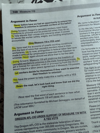 An argument in favor of Measure 119 with the first word of each sentence highlighted, revealing a Rickroll 