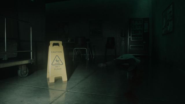 A screenshot from The Lake House DLC for Alan Wake 2 showing a caution wet floor sign in front of a corpse lying in a puddle of its own blood