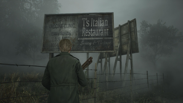 A screenshot from Silent Hill 2 of a billboard advertising "T's Italian Restaurant"