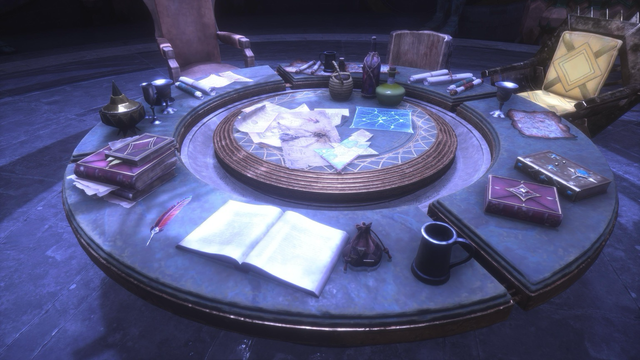 A screenshot of a table in Dragon Age Veilguard, covered in open and closed books, illustrations, maps, drinks, and a dice bag