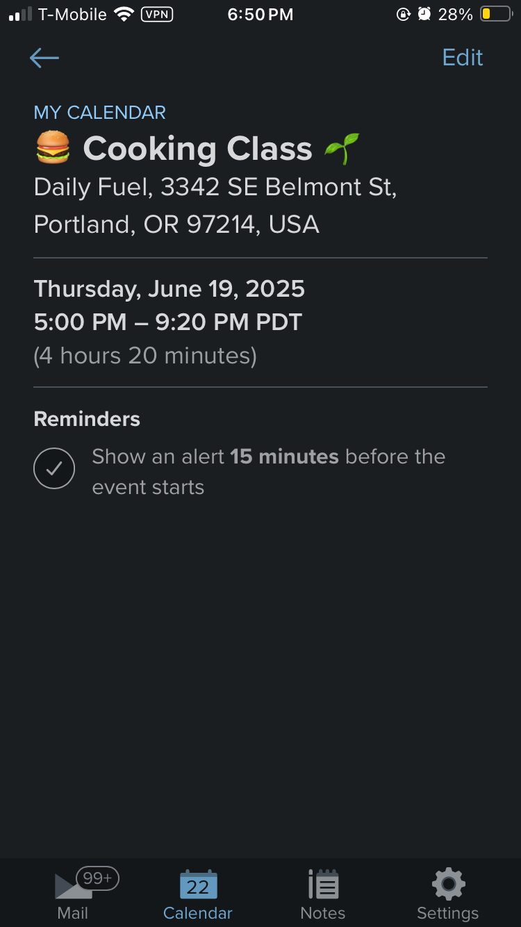 Viewing an event imported from Google Calendar in Fastmail’s calendar. The full address is there, but it’s just plain text, so tapping on it does nothing.