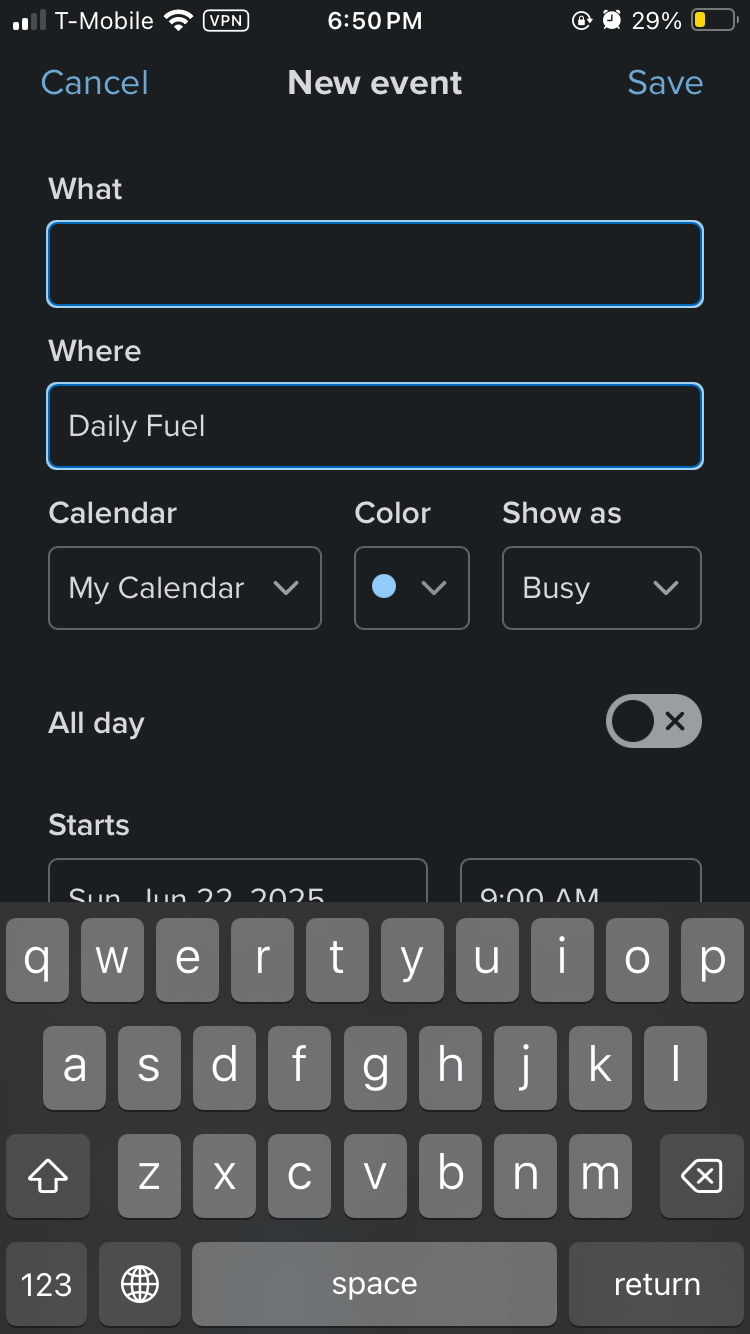 Creating a new event in the Fastmail calendar. I have “Daily Fuel”, a local restaurant, typed into the “Where” field. At this point, Google Calendar will pull in the Google Map info for this event. Fastmail does nothing.