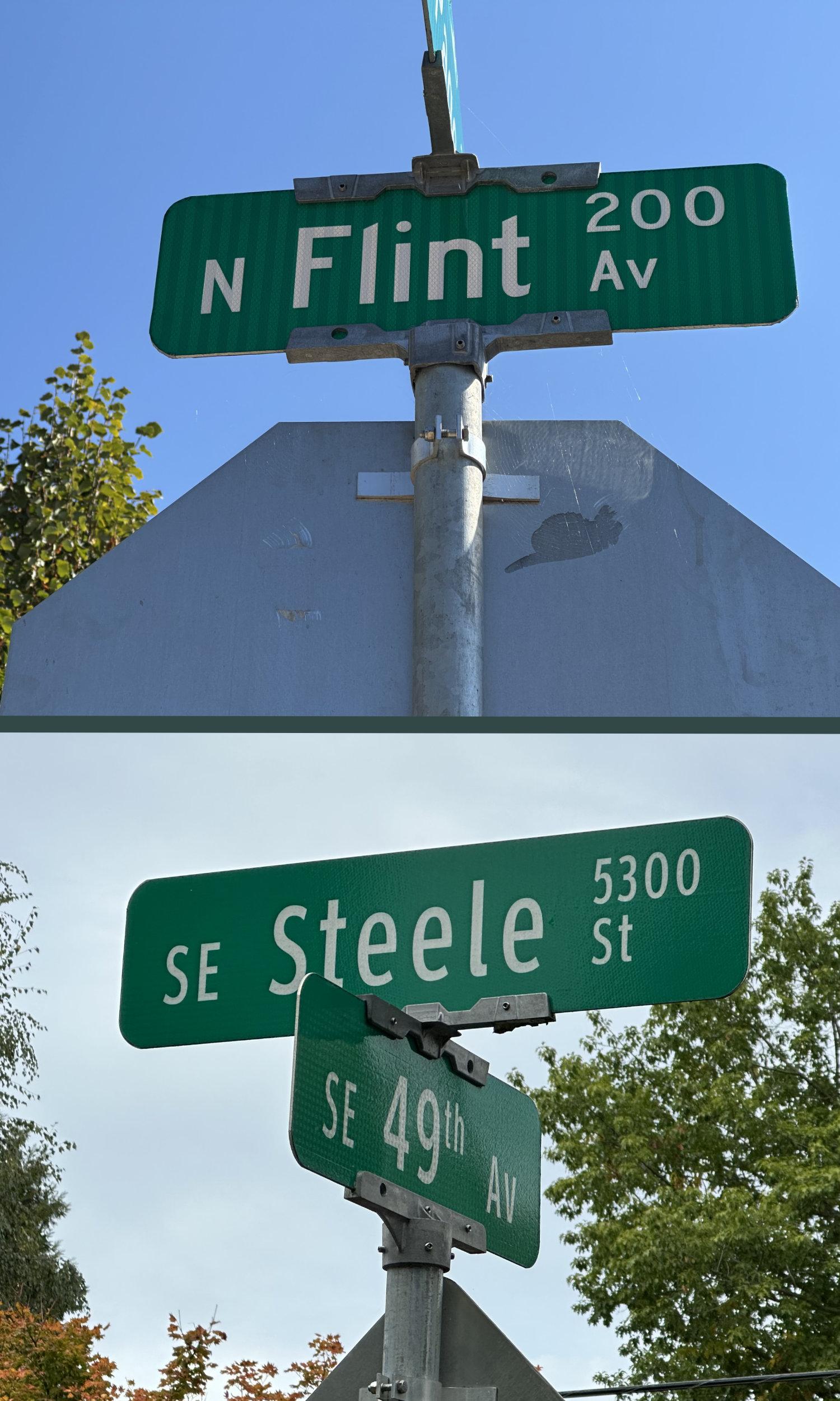 A photo collage of N Flint Avenue and SE Steele Street
