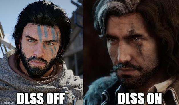 The DLSS OFF / ON meme with the main character from Crimson Desert on the 'off' side and Verso from Claire Obscur on the 'on' side
