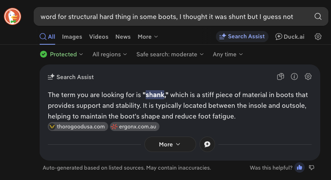 A DuckDuckGo search for "word for structural hard thing in some boots, I thought it was shunt but I guess not" with the answer:

"The term you are looking for is "shank," which is a stiff piece of material in boots that provides support and stability. It is typically located between the insole and outsole, helping to maintain the boot's shape and reduce foot fatigue."
