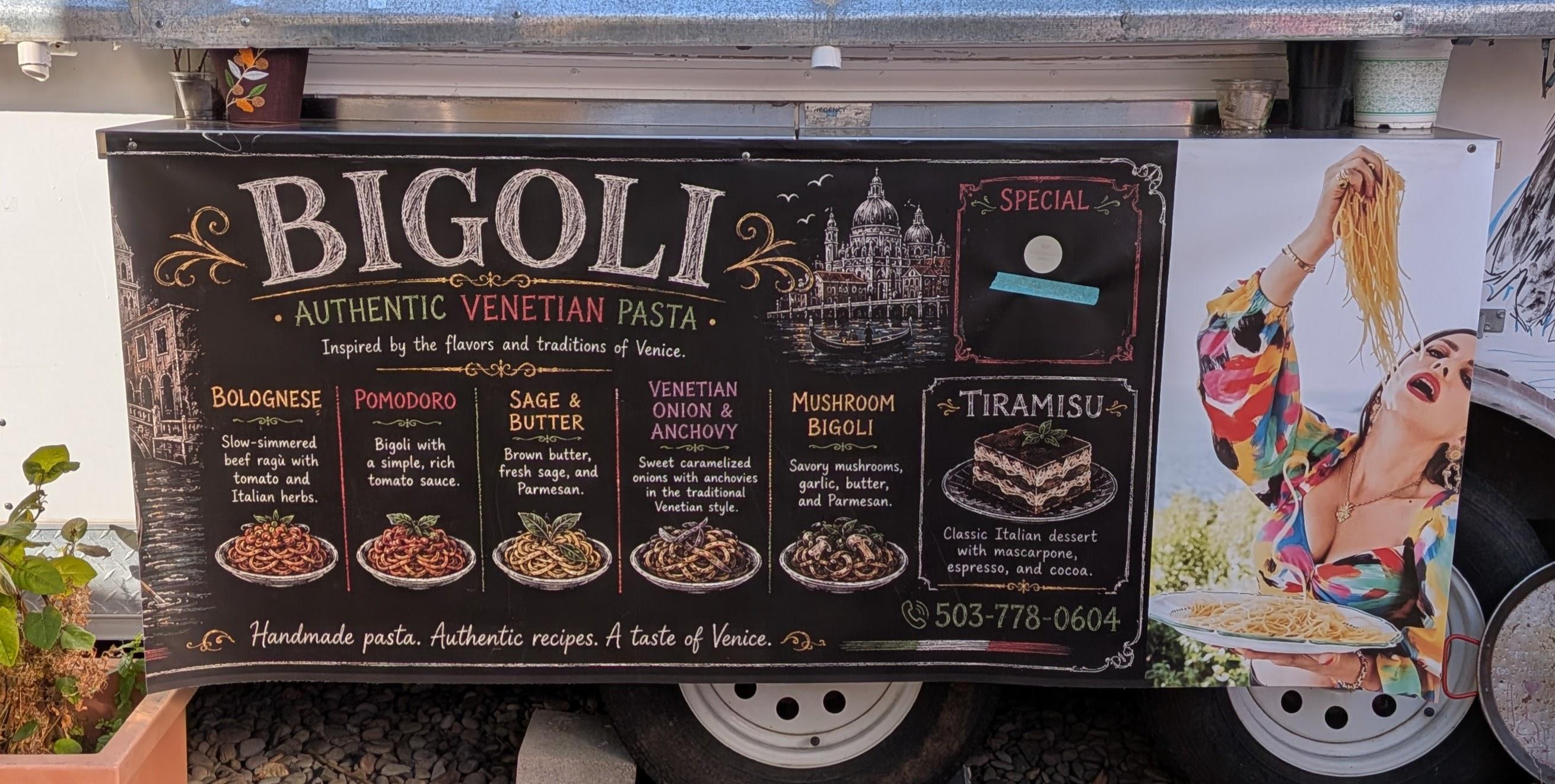 A food trailer's  banner for Bigoli, "Authentic Venetian Pasta," is illustrated entirely with AI-generated artwork, including five fake-looking, unappetizing plates of  noodle heaps under the dish names. On the right, an unrealistic glossy photo shows a woman grabbing a fistful of limp, plain spaghetti and dangling it over her open mouth.

(Description assisted by Claude AI.)
