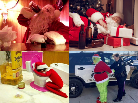 A collage of Christmas characters. Santa gets drunk and passes out under a Christmas tree. The Elf on the Shelf throws up tequila into a toilet. The Grinch is arrested for disorderly conduct.