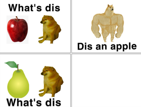 A collage of images of a dog. In the first image, the dog looks at an apple and asks,