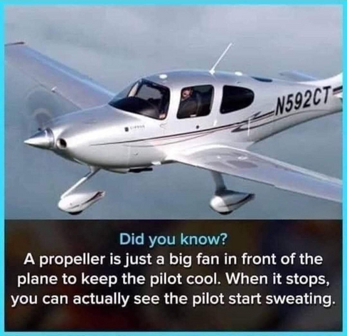 A small airplane in the air. The text reads,