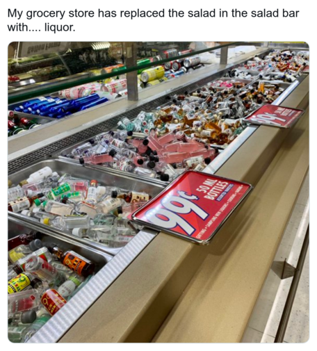 A salad bar filled with mini liquor bottles. The text reads,