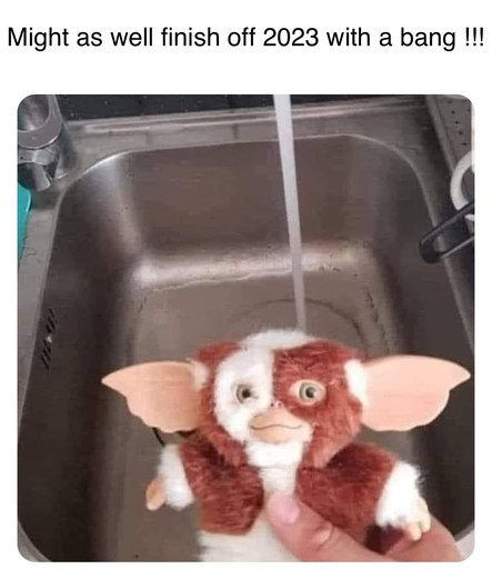 A hand holding a Mogwai near a sink with running water. The text reads,