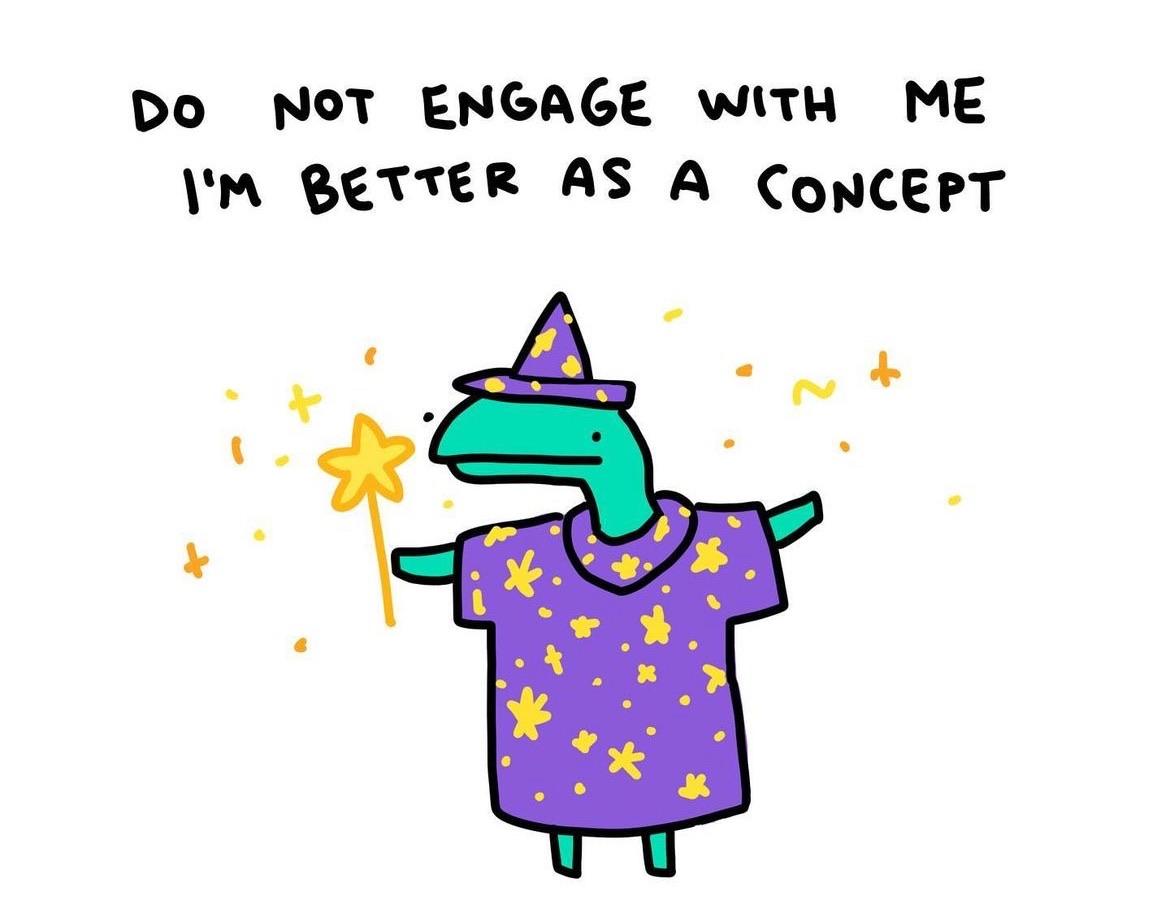 A lizard character in a purple starry outfit and hat holds a wand, surrounded by sparkles. The text above reads, "DO NOT ENGAGE WITH ME I’M BETTER AS A CONCEPT."