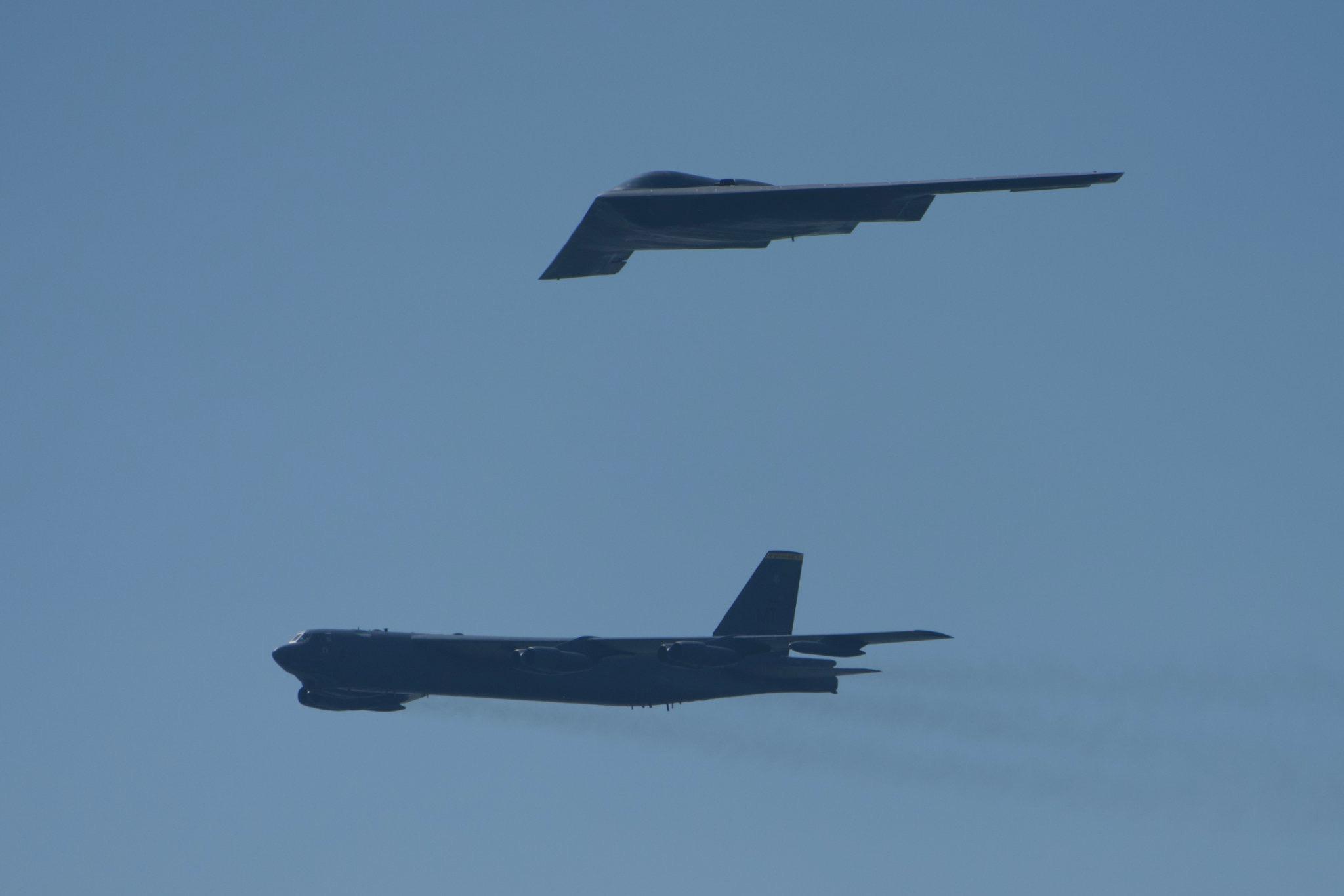 Closer view of the B-52 and B-2 bombers