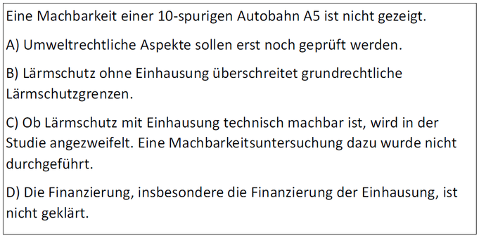 Eine Machbarkeit einer 10-spurigen Autobahn A5 ist nicht gezeigt.
A) Umweltrechtliche Aspekte sollen erst noch geprüft werden.
B) Lärmschutz ohne Einhausung überschreitet grundrechtliche
Lärmschutzgrenzen.
C) Ob Lärmschutz mit Einhausung technisch machbar ist, wird in der
Studie angezweifelt. Eine Machbarkeitsuntersuchung dazu wurde nicht durchgeführt.
D) Die Finanzierung, insbesondere die Finanzierung der Einhausung, ist nicht geklärt.