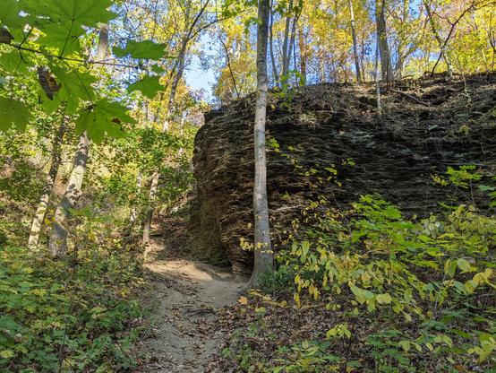 Photo of a large rock with a small entrance towards the left side. Green trees/foliage around and on top of the rock. 10/21/2024.