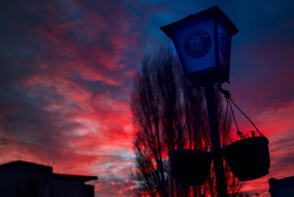 bild im querformat:
im vodergrund eine laterne an der zwei blumenkübel hängen. im hintergrund ein haus und ein kahler baum vor rot/orangenen wolken durch sonnenuntergang
