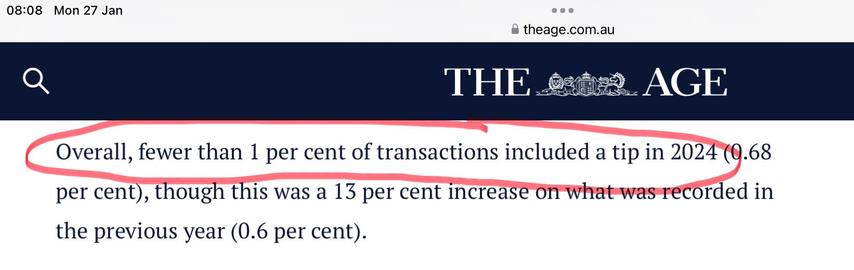 Screenshot of paragraph beginning "Overall, fewer than 1 per cent of transactions included a tip in 2024..."